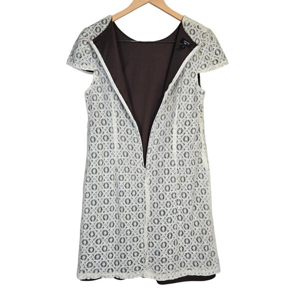 Suzi Chin Short Sleeve‎ Mini Dress Ivory Crochet Lace Chocolate Brown Lining 12 - Picture 3 of 7